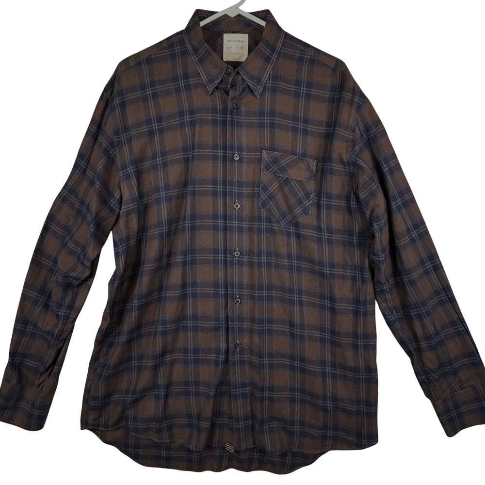 Billy Reid Mens XXL Brown Navy Blue Plaid Flannel Button Down Shirt Standard Cut